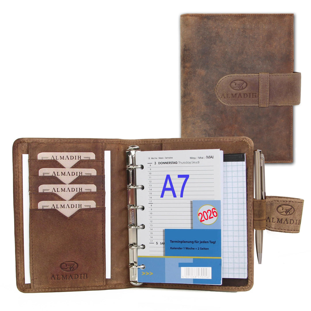 ALMADIH Leder A7 Terminplaner Kalender 2024 Notizblock Premium Rindsleder BV Geschenkbox Ledermappe
