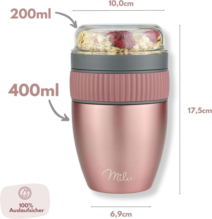 Milu Müslibecher to go 400ml MüsliMax I isolierter Edelstahl Joghurtbecher für Müsli I auslaufsicher