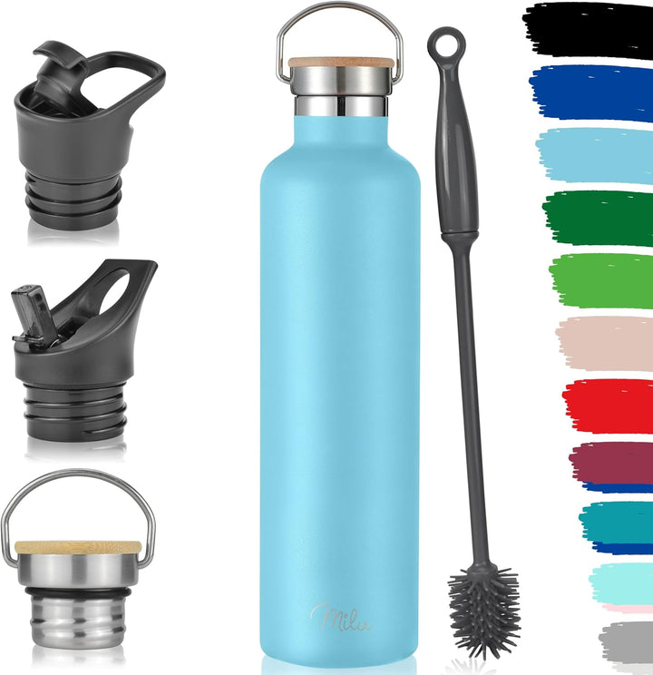 Milu Edelstahl Trinkflasche 350ml 500ml 750ml 1000ml (+3 Deckel) - Thermosflasche mit Strohhalm, Iso