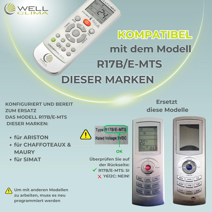 Wellclima Fernbedienung für Klimaanlage kompatibel mit R17B/E-MTS – Vorkonfiguriert und einsatzberei