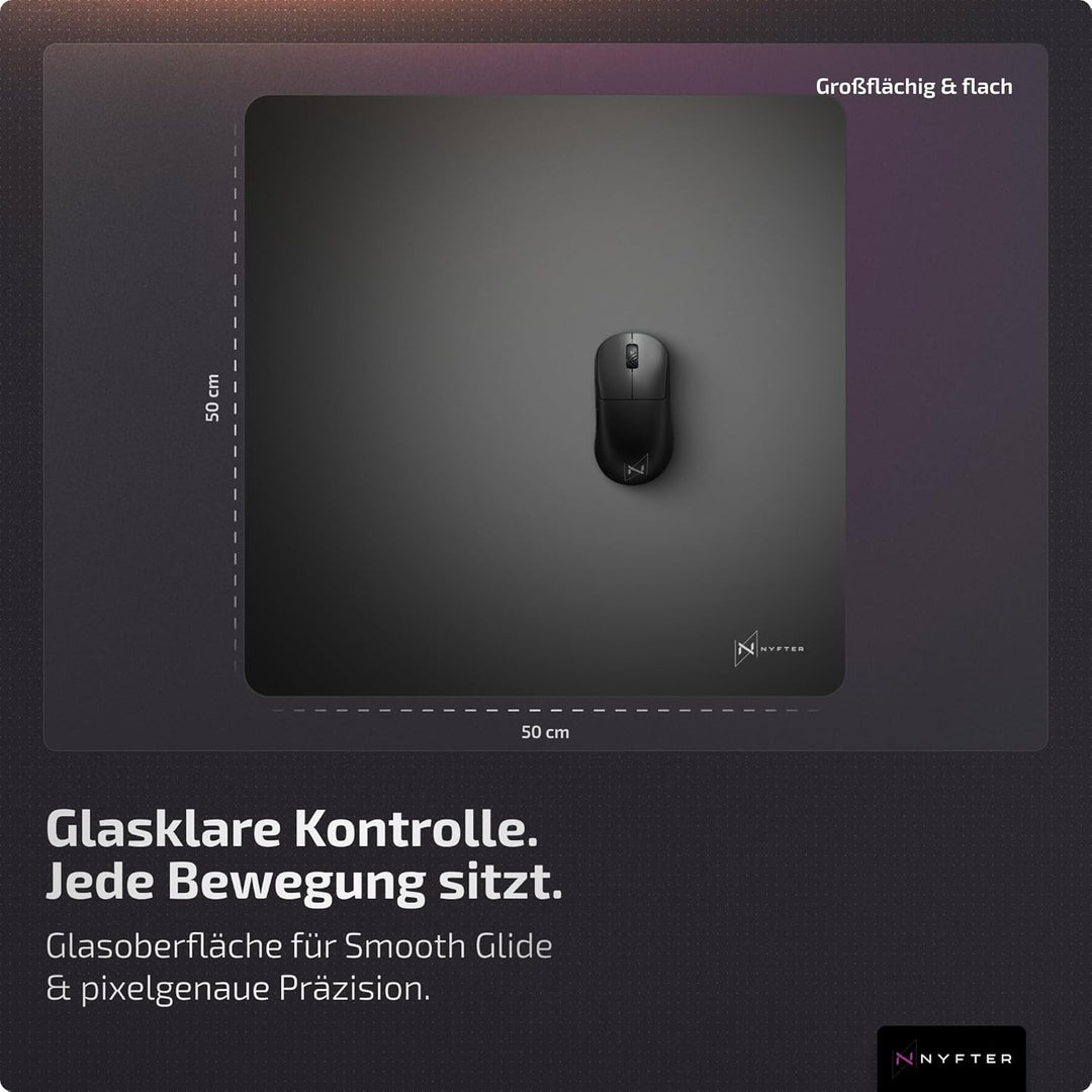 Nyfter Glas Gaming Mauspad 50x50 – Ultra-Präzise Oberfläche, Gehärtetes Glas, Vollsilikon-Anti-Rutsc