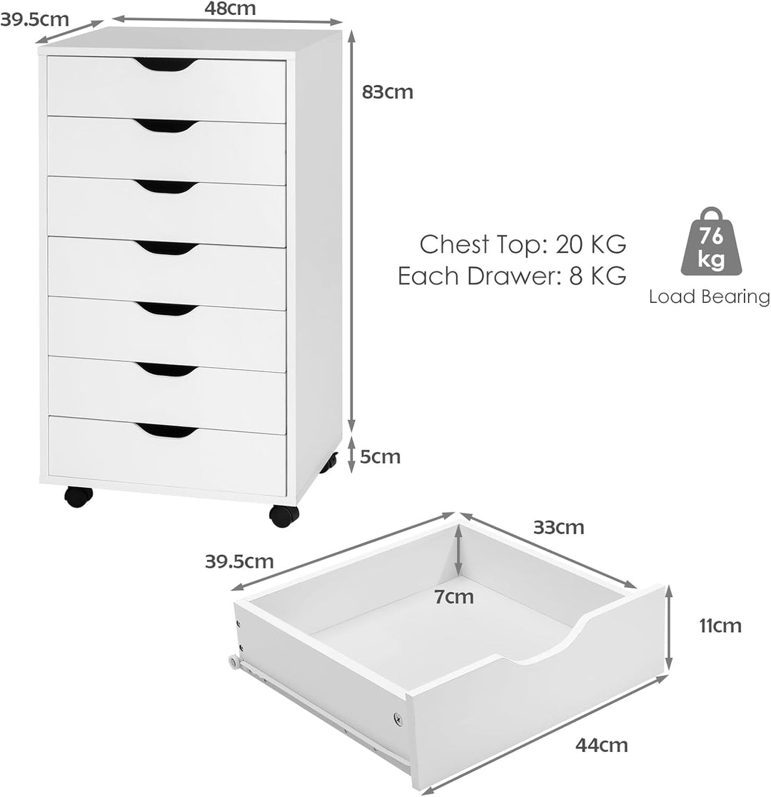 GIANTEX Rollcontainer mit 7 Schubladen, Aktenschrank mit Rollen, Schubladenschrank Holz, Druckertisc