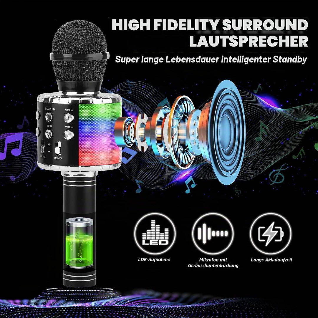 ShinePick Mikrofon Kinder Bluetooth, 4-in-1 Drahtloses Karaoke Mikrofon, Tragbare LED Microphone Spi