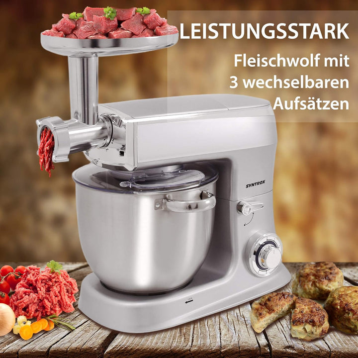 Syntrox Silber Küchenmaschine Wasas Mixen & Zerkleinern 7,5 Liter, Mixer und Fleischwolf in einem, H