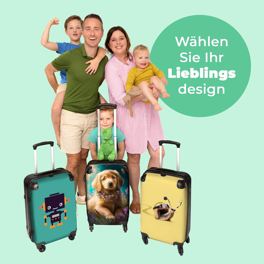 Koffer gross Trolley Rollkoffer Reisekoffer mit 4 Rollen Fotokoffer - Welpe - Blumenkranz - Schmette