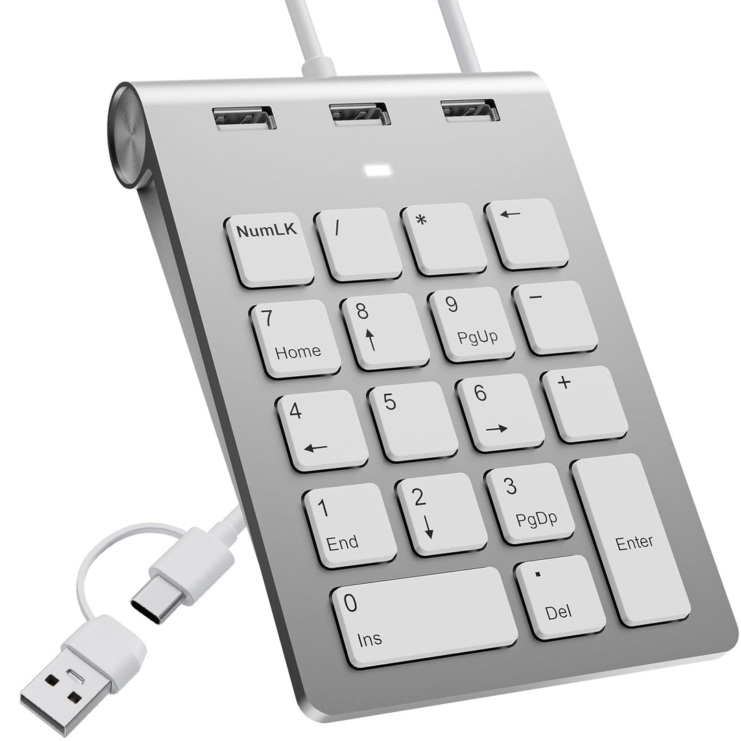 USB C/USB A Numeric Keypad Wired, Ziffernblock Ergonomischer Mini Nummernblock mit 3 USB 2.0 Ports,