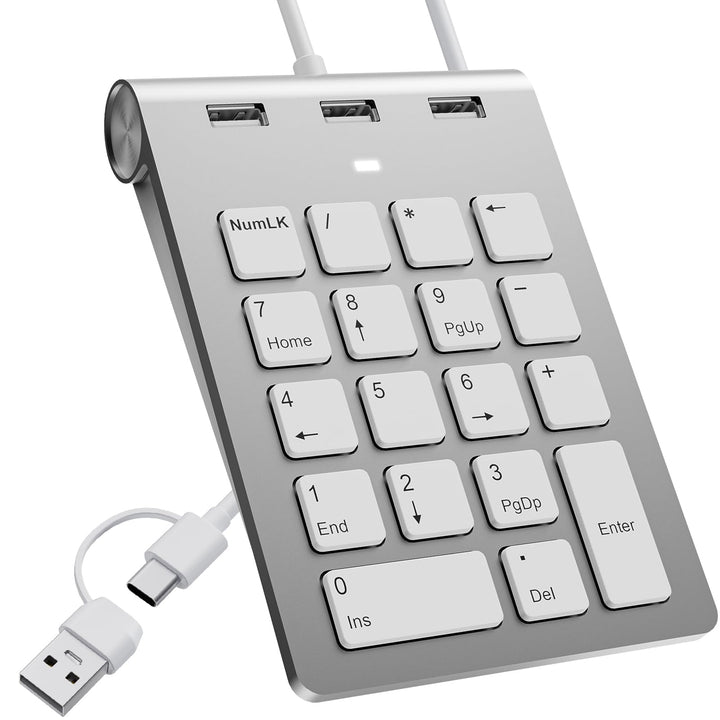 USB C/USB A Numeric Keypad Wired, Ziffernblock Ergonomischer Mini Nummernblock mit 3 USB 2.0 Ports,