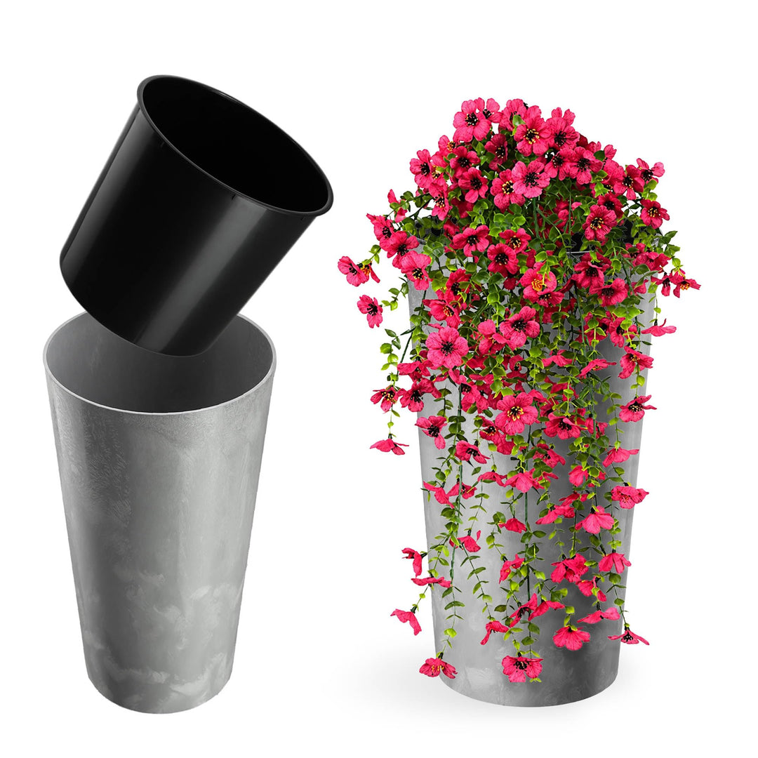KADAX Pflanzkübel mit Innentopf Grau Ø 19.5 cm, Höhe 36.8 cm – Moderner Pflanztopf mit Einsatz, Blum