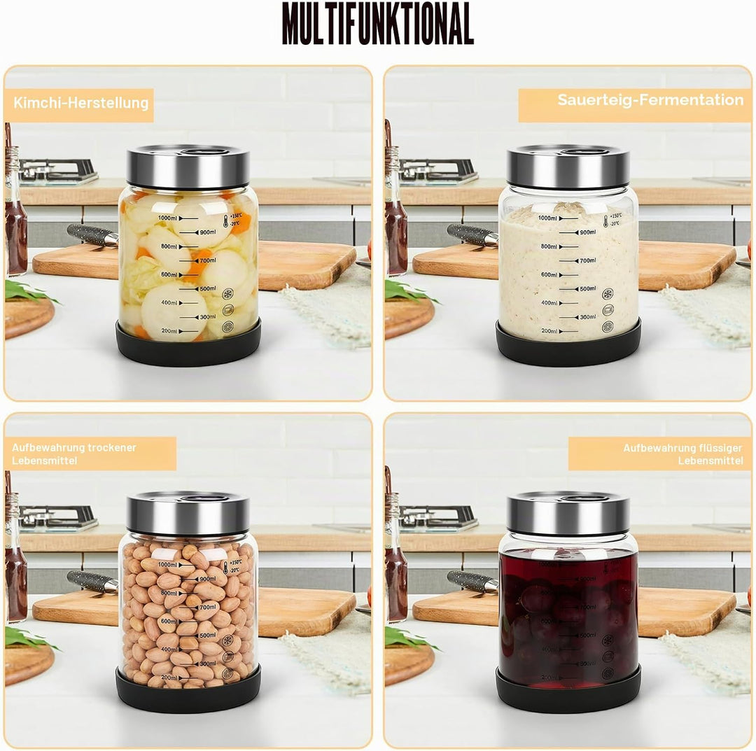 Fermentierglas mit Deckel 1L, Fermentationsglas mit Gärventi, Kimchi Behälter, Kefir Glas, Fermentie