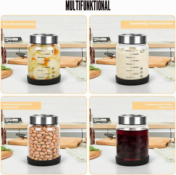 Fermentierglas mit Deckel 1L, Fermentationsglas mit Gärventi, Kimchi Behälter, Kefir Glas, Fermentie