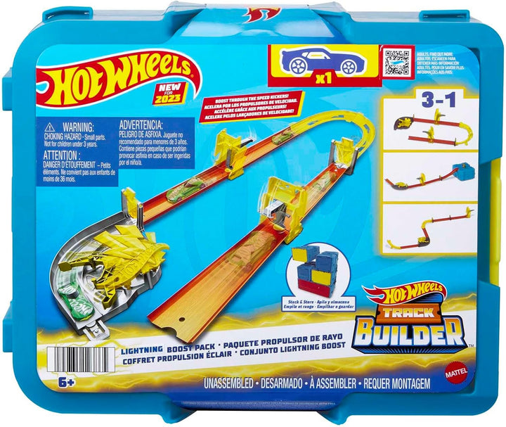 Hot Wheels Trackset mit 1 Hot Wheels Auto, 12 Track-Beschleunigungselementen, stapelbarer Spielzeuga
