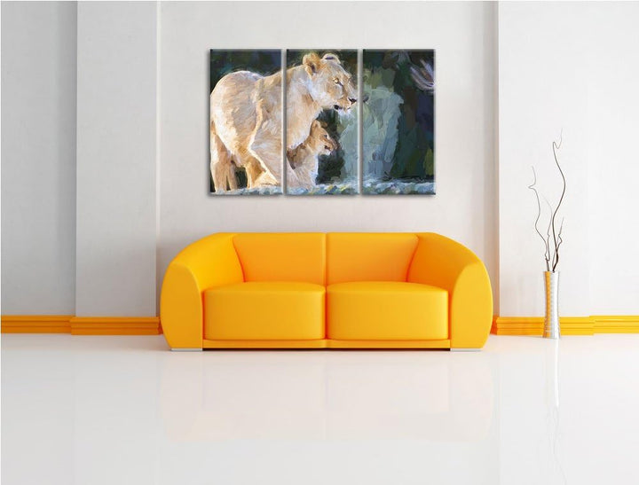 Löwenmutter mit Jungtier Spezial 3-Teiler Leinwandbild 120x80 Bild auf Leinwand, XXL riesige Bilder