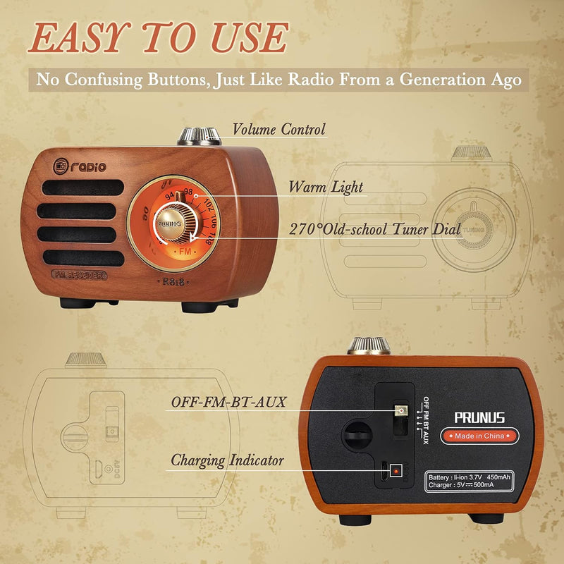 PRUNUS R-818 Holz Retro Radio mit Bluetooth Lautsprecher, Tragbares FM UKW Radio klein, Wiederauflad