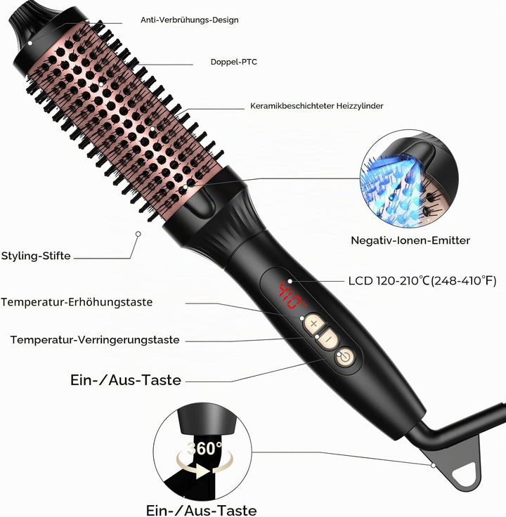 UKLISS Thermobürste Thermal Brush LCD-Display [120-200℃], Doppel-PTC, 38MM | Doppel-PTC Thermo Rundb