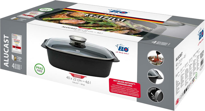 ELO Alucast Bräter 22cm mit Glasdeckel und Aromaknopf, ELODUR® Select Antihaftversiegelung, backofen