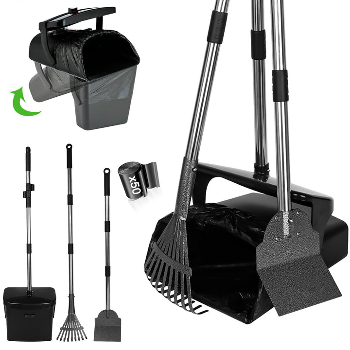 3-in-1 Edelstahl Hundekotschaufel Set für Garten &amp; Hof | Langer Griff, Rückenschonend. Geruchsreduzi
