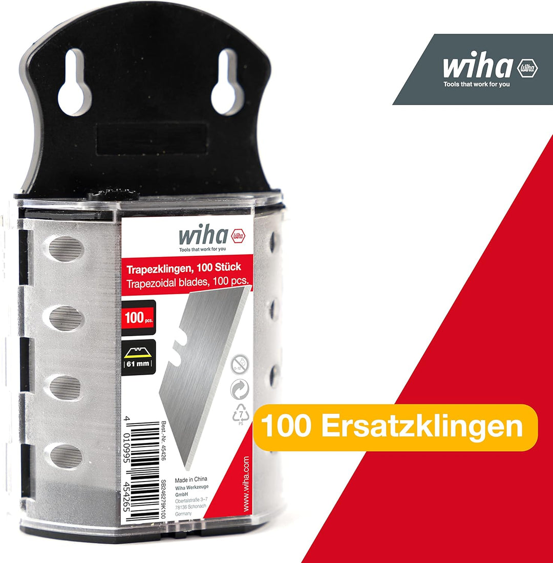 Wiha Trapezklingen Set 100 tlg. I Ersatzklingen extra scharf für Cuttermesser I sicher verstaut in e