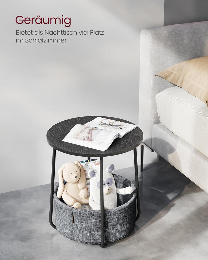 VASAGLE Beistelltisch rund, Kleiner Tisch, Couchtisch klein, Wohnzimmertisch, Korb aus Stoff, Staura