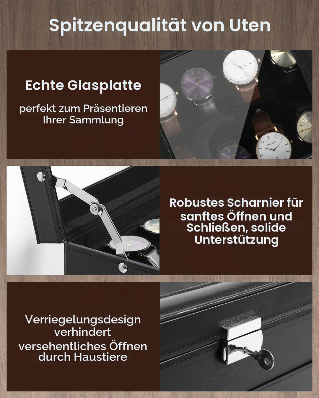 Uten Uhrenbox, 8 Fächern und 1 Schublade mit Schlüsselschloss, Glasdeckel, Schwarzes PU, Schwarzes S
