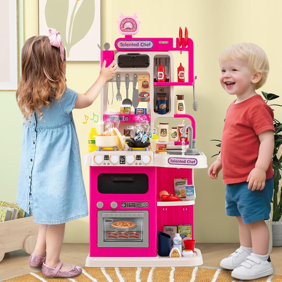 HOMASIS Spielküche mit 54 Zubehör, Kinderküche mit Licht, Sound & Dampf, Spielzeugküche mit Herd Was
