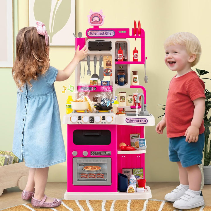 HOMASIS Spielküche mit 54 Zubehör, Kinderküche mit Licht, Sound & Dampf, Spielzeugküche mit Herd Was