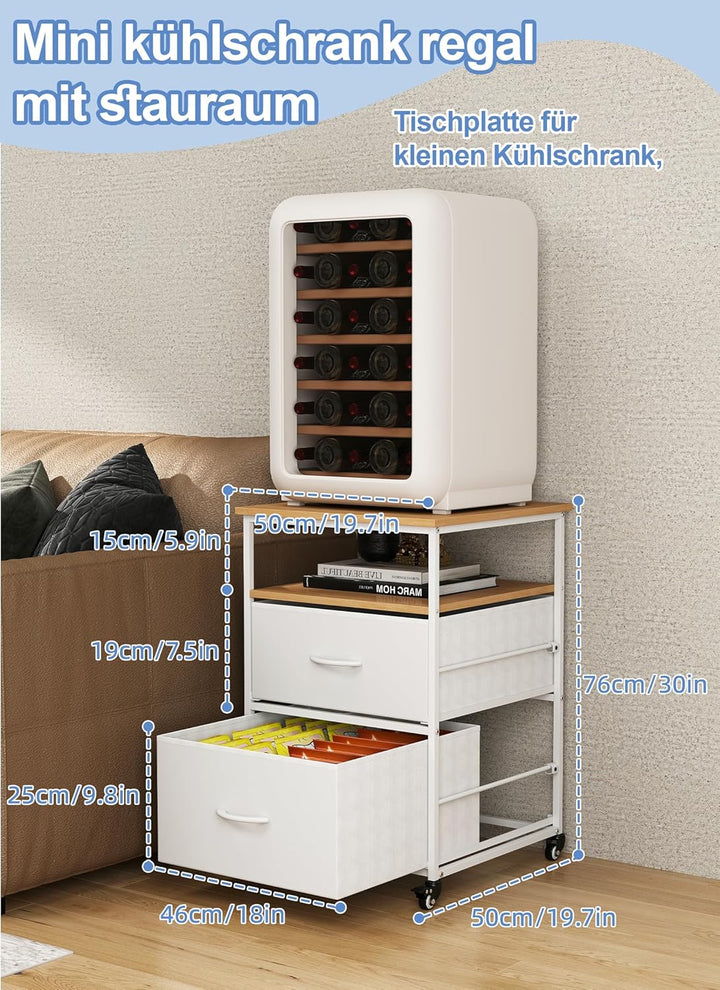 Portable Mini-Kühlschrankregal mit 4 Rollen Schrank mit 2 Schubladen Küchenwagen Wagen Beistelltisch