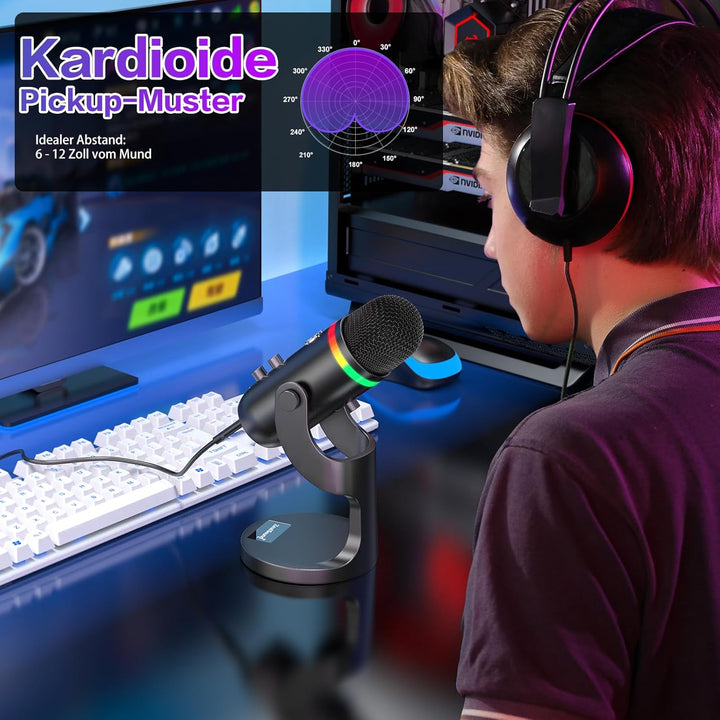 zealsound USB Mikrofon für PC iPhone, Plug & Play RGB Podcast Mikrofon mit Rauschunterdrückung & Stu
