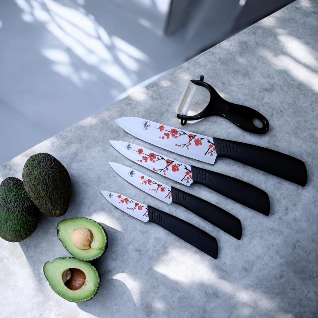 Keramik Messer Set 5Tlg, 4 Messer und 1 Schäler Messerset Kochmesser Chefmesser Schälmesser Allzweck