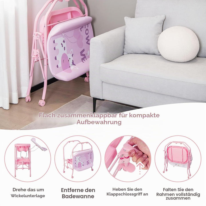 LIFEZEAL Wickeltisch mit Badewanne, 2 in 1 Flatbare Bade-Wickelkombination auf Räder, Badewannenaufs