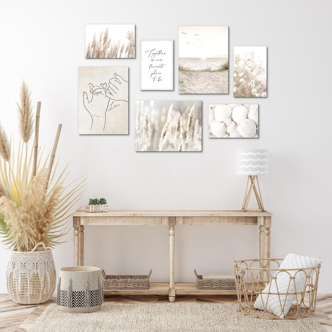 Novart Wandbilder Boho Strand - KOMPLETT AUFHÄNGFERTIG - Beige Wohnzimmer Schlafzimmer- 7 Moderne Mo