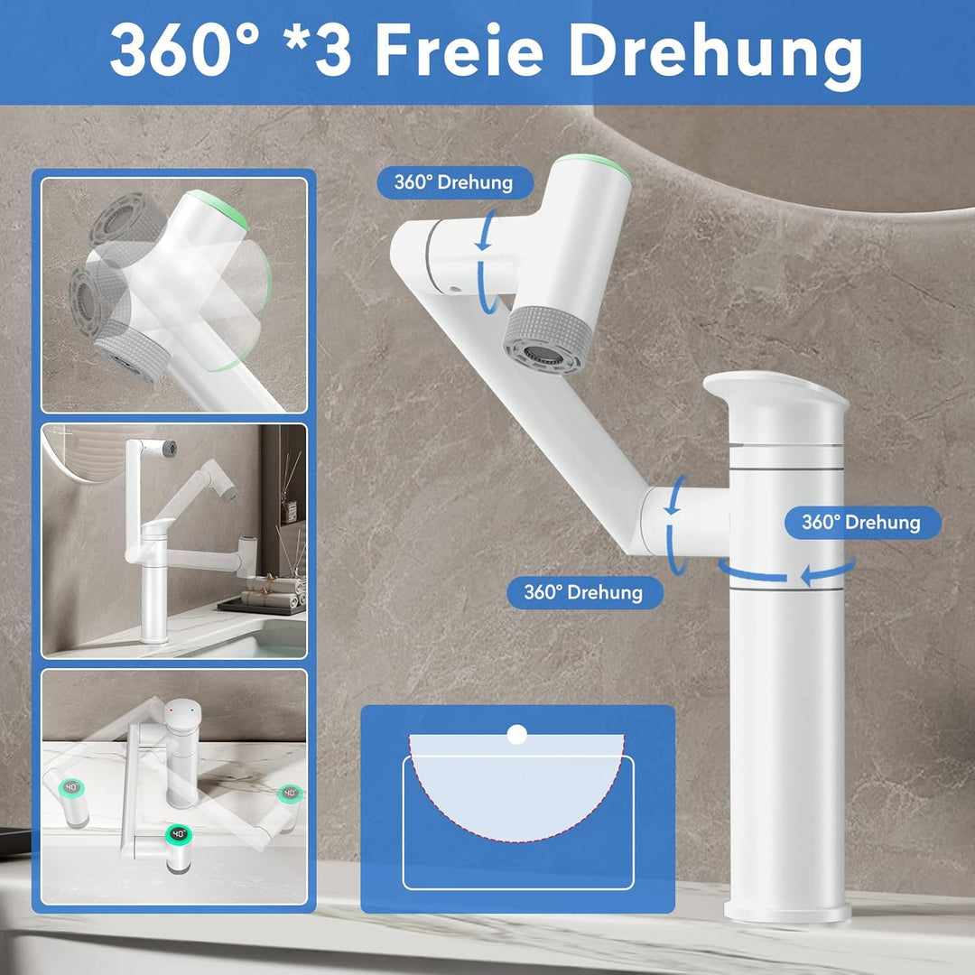 JONKEAN Wasserhahn Bad mit Temperaturanzeige(Batterielos), 1080° Drehbar Einhebelmischer Waschbecken