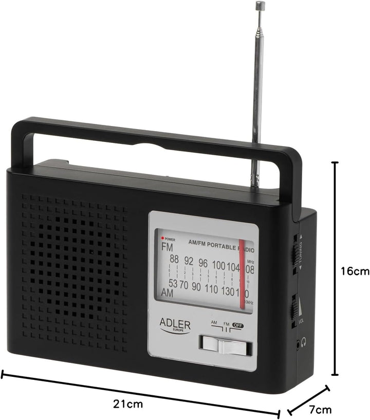 Adler Europe AD 1909 AM/FM-Radio | Tragbares Radio mit grossem Drehregler, Teleskopantenne und Klink
