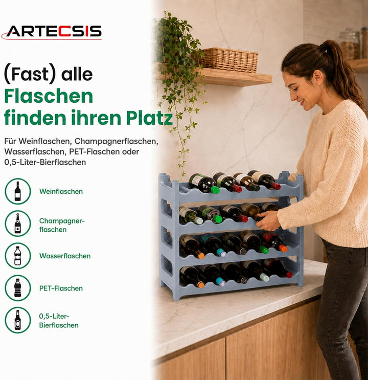 ARTECSIS® Weinregal stapelbar & modular erweiterbar Kunststoff für 24 Weinflaschen (betongrau) - Sta