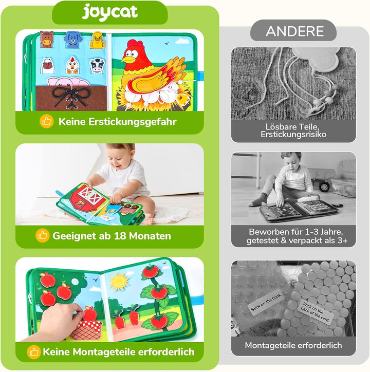 JoyCat Busy Board Montessori Spielzeug ab 1 Jahr, Bauernhof Quiet Book Busy Book für Autofahrten, Re