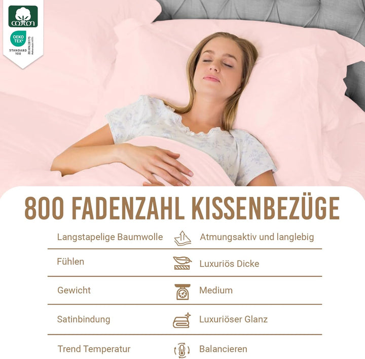 Pizuna Luxuriöser Kopfkissenbezug 50x75 cm 2er Set Hellrosa, 800 Fadenzahl Baumwolle Kissenbezüge, S
