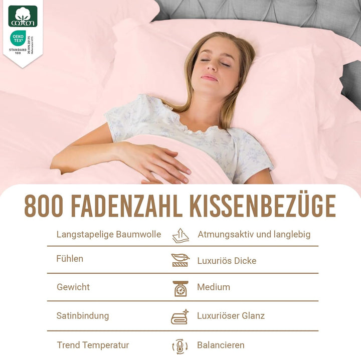 Pizuna 2er Pack Kopfkissenbezug 50x75 cm Baumwolle Hellrosa 800 Fadenzahl | 2er Set Kissenbezüge, Sa