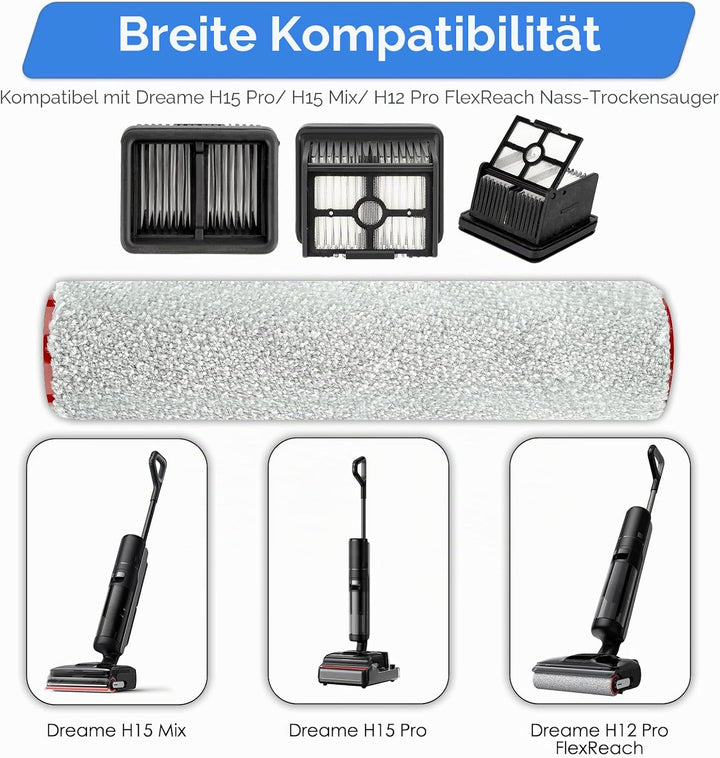 (3 Stück) H15 Pro Ersatz-Bürstenwalzen und HEPA-Filter Kompatibel mit Dreame H15 Pro/ H15 Mix/ H12 P