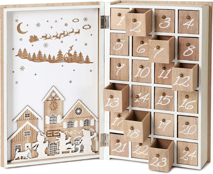 BRUBAKER Adventskalender aus Holz zum Befüllen - Merry Christmas Buch - Wiederverwendbarer DIY Weihn