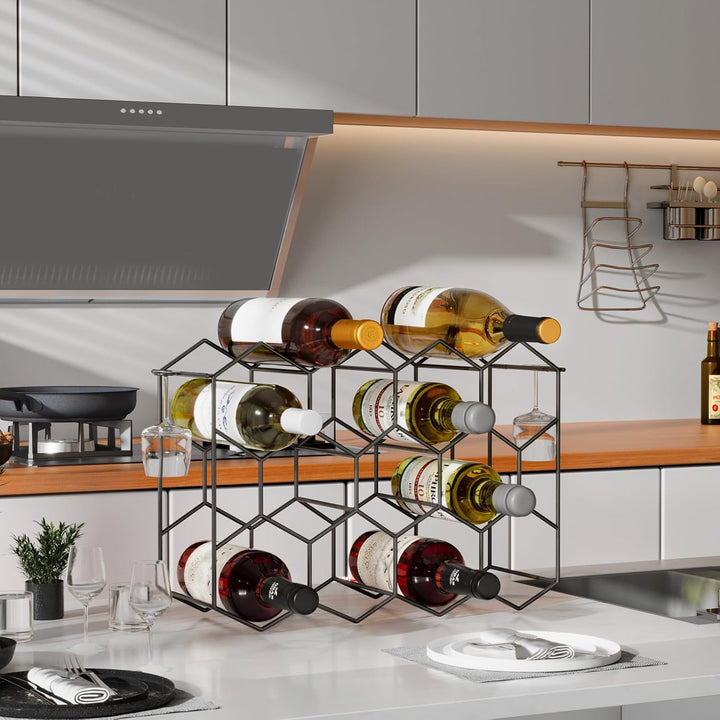 Urban Deco Weinregal für 14 Flaschen aus Metall, Flaschenregal schwarz mit 2 Haken für 2 Weingläser,