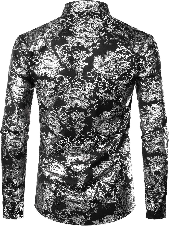 PARKLEES Herren Luxus Paisley Gemustert Golden Glänzend Slim Fit Freizeithemd M Schwarz Silber, M Sc