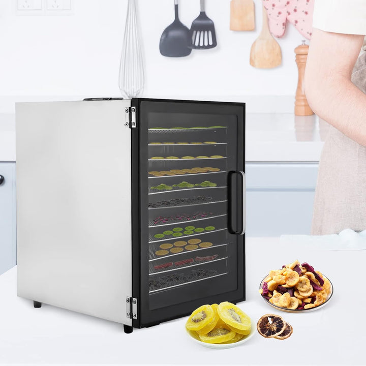 Lebensmittel-Dörrautomat aus Edelstahl, 800W Dörrgerät mit 12 Einschüben, 30-80°C Temperaturregelung