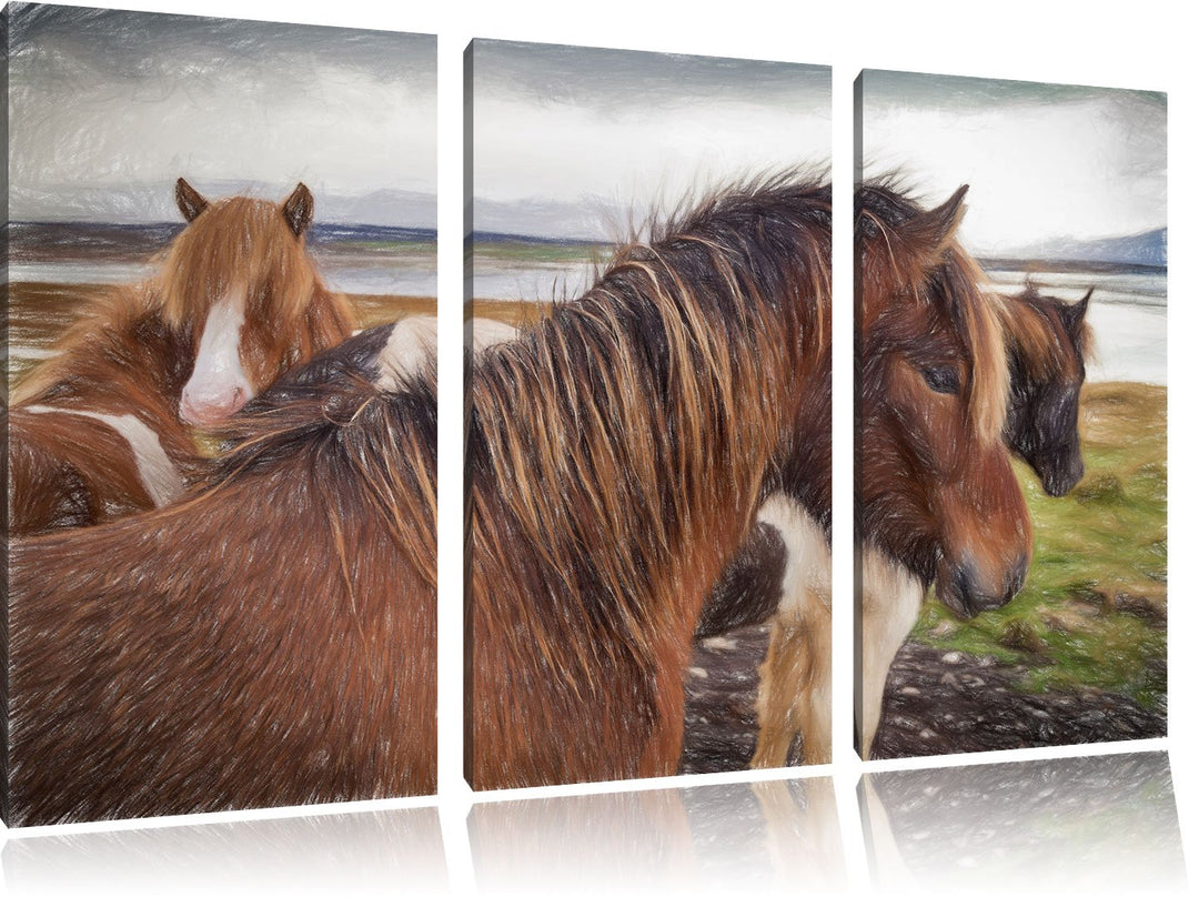 Pixxprint Herde aus schönen Wildpferden Kunst Buntstift Effekt 3-Teiler Leinwandbild 120x80 Bild auf