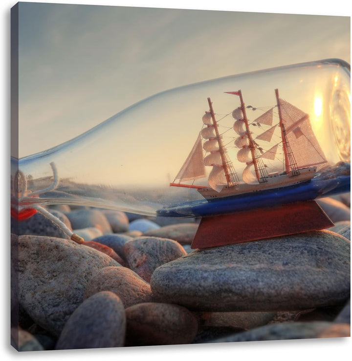 Flasche mit Schiff, Format: 70x70 auf Leinwand, XXL riesige Bilder fertig gerahmt mit Keilrahmen, Ku