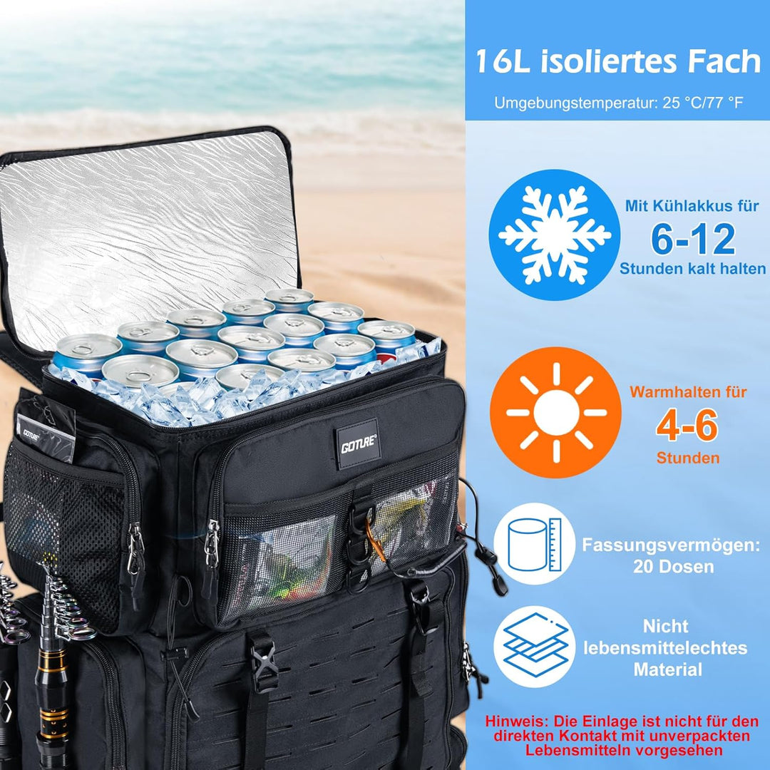 Goture 72L Angelrucksack mit Kühltasche (16L) &amp; Trocken-/Nass-Fach - Verstellbare Fächer Wasserabwei