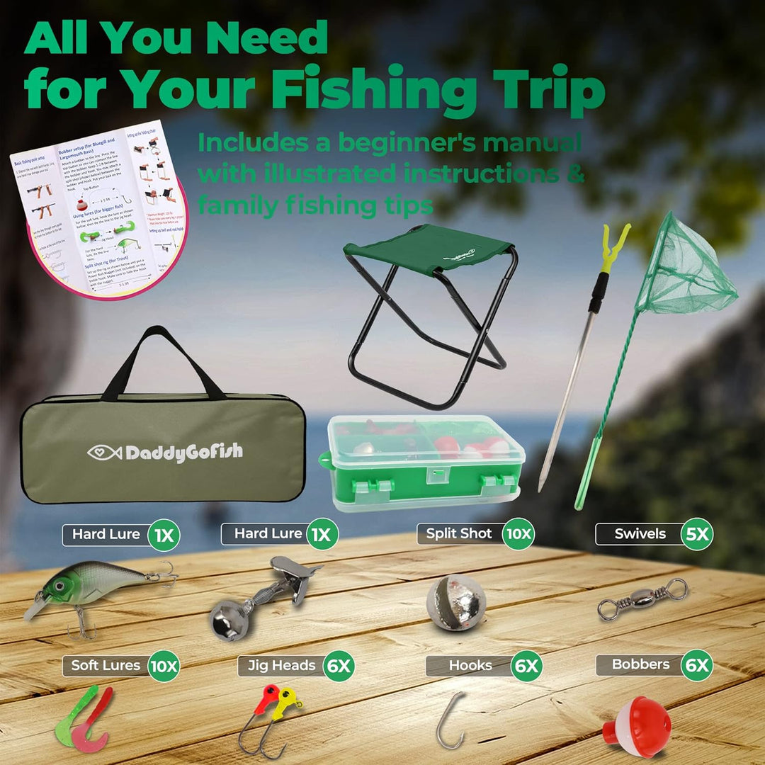 DaddyGoFish Kinder Angelset - Teleskoprute & Rolle Combo mit Klappstuhl, Rutenhalter, Tackle Box, Kö