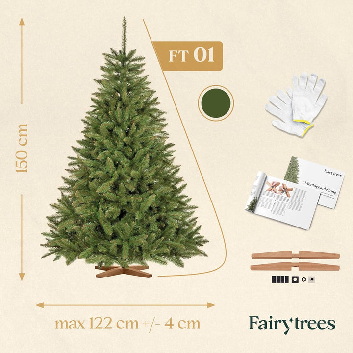 FairyTrees Weihnachtsbaum künstlich 150cm FICHTE Natur mit Christbaum Holzständer | Tannenbaum künst