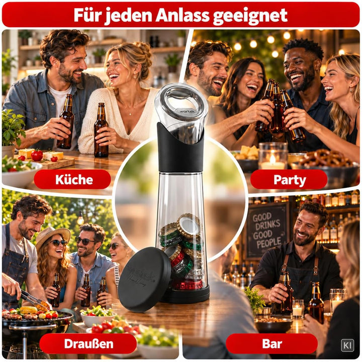 wortek Flaschenöffner mit Auffangbehälter - Getränkeöffner Bieröffner Bierflaschenöffner Kronkorken