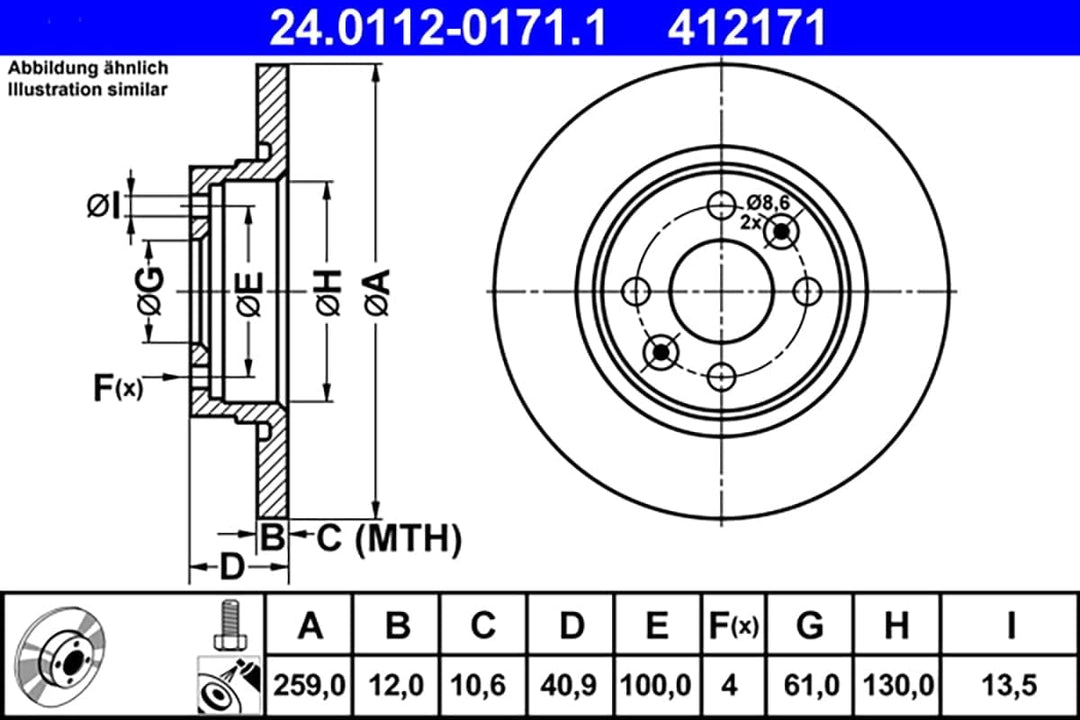 ATE Original Bremsscheibe - 2 Bremsscheiben - 24.0112-0171.1 - ECE-R90 Strassenzulassung