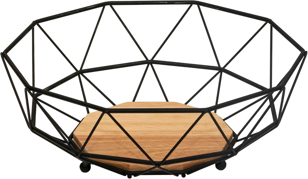 Rubberneck Obstkorb mit Holzboden aus Metall in Schwarz - Moderne Obstschale mit Holz Einsatz für Kü