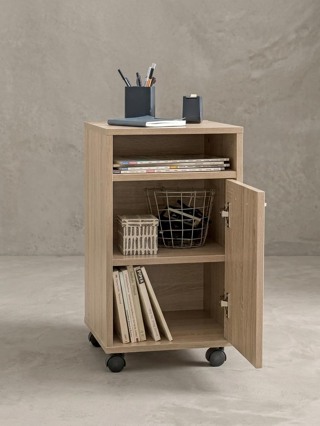 Rollcontainer Sonoma 33x60x38cm Schubladenschrank Büro | Schreibtischcontainer mit Tür &amp; Ablage | Bü